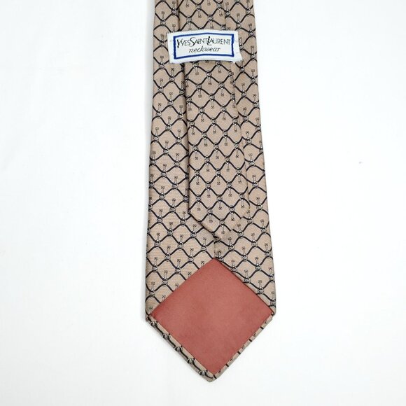 Yves Saint Laurent YSL 100% Silk Tie Equestrian Horse Bit Taupe Brown Navy Blue - Picture 4 of 6